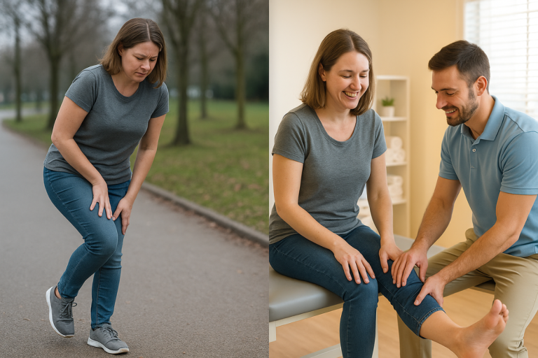 Ankle sprain treatment session and woman holding her ankle in pain
