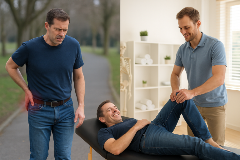 Hip pain treatment session and man holding hip in discomfort
