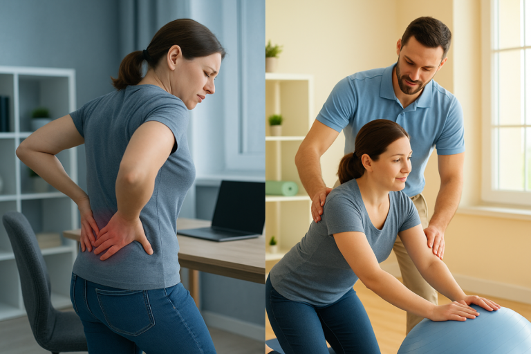 Woman touching lower back in pain and receiving physiotherapy for lower back pain